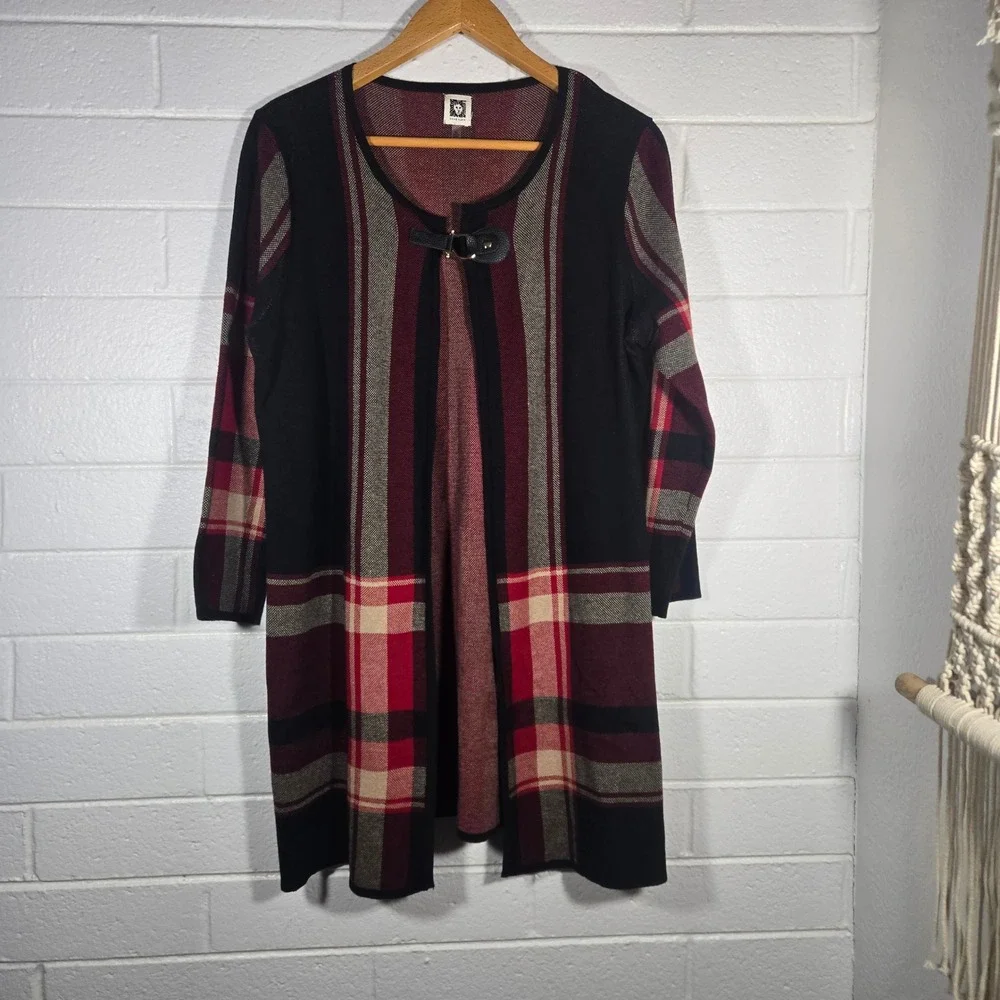 Anne Klein XL Plaid Duster Cardigan Sweater Buckle 3/4 Sleeve Longline Career